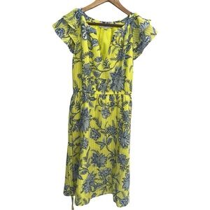 LOFT Trellis Garden Ruffle Sleeve Midi Dress Yellow Floral Size XS